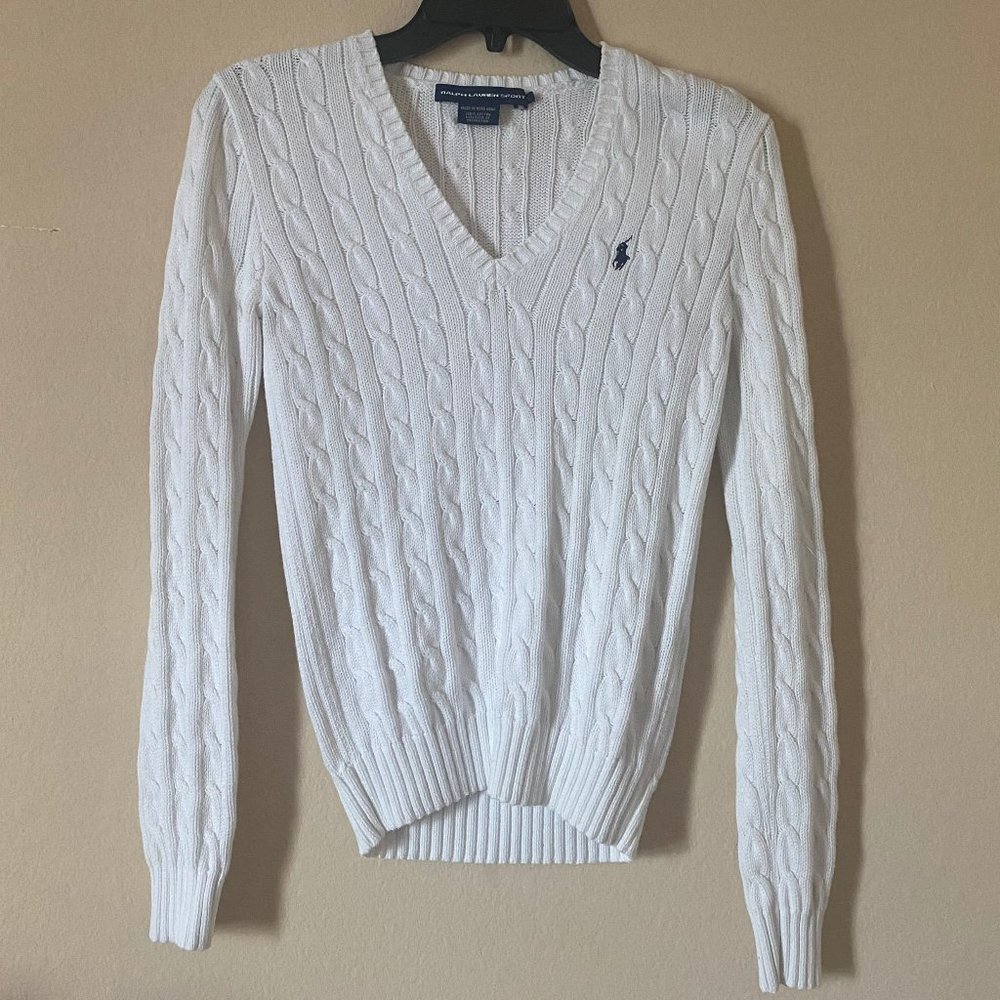 Vintage Polo Ralph Lauren White Cable Knit V Neck  Sweater